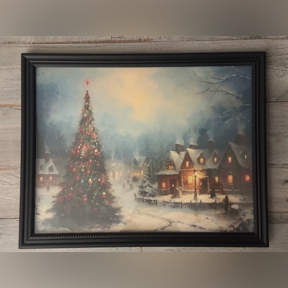 Stunning Christmas framed 8x10” print with a snowy village and Christmas tree